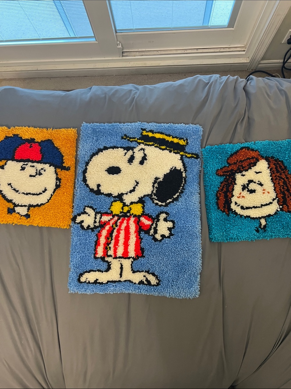 Vintage Snoopy, Charlie Brown and Peppermint Party Latch  Hook Rug Panels